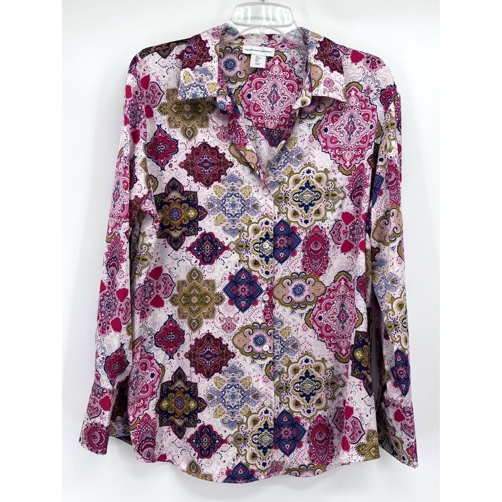 Cupcakes and Cashmere Satin Paisley Button Down Blouse Size Large Pink Boho